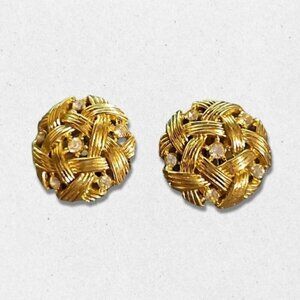 Vintage Crown Trifari Basket Weave Earrings Rhinestone Accents Clip-On Gold OS